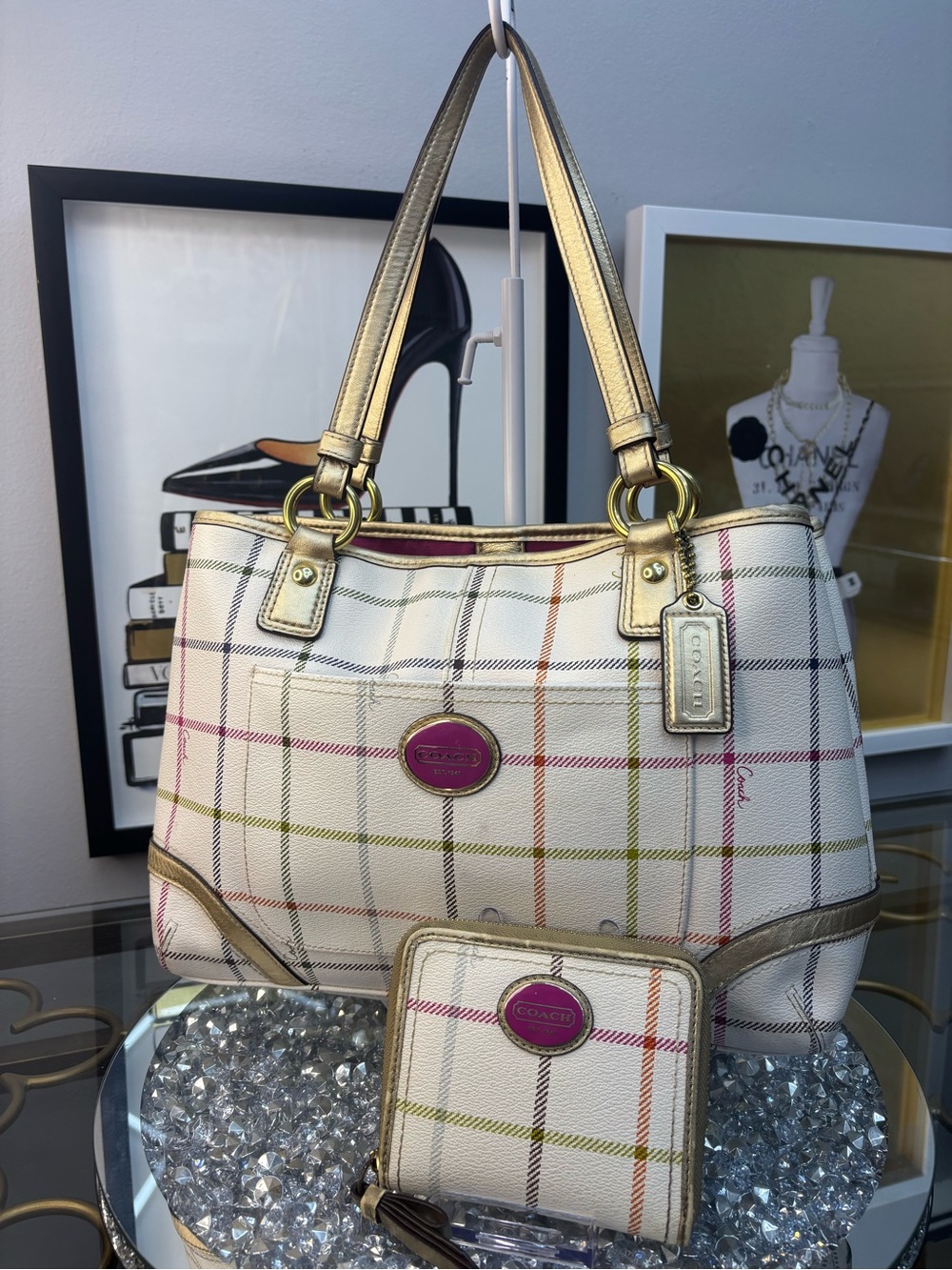 Coach Tattersall Plaid Peyton Pebbled Leather Shoulder Bag w/matchin wallet EUC